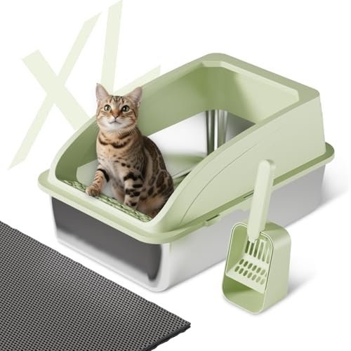 Katzentoilette Edelstahl Halbgeschlossen Groß | Katzenstreuschaufel, Doppelschicht Matte, Leicht zu Reinigen