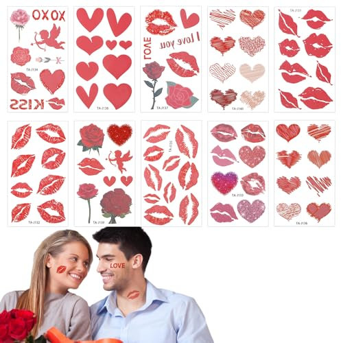 10 Sheets 84pcs Valentine's Day Tattoo Stickers, Red Lips Heart Rose Cupid Valentine's Day Theme Temporary Tattoo Stickers Perfect Valentine's Day Decoration for Women Adults
