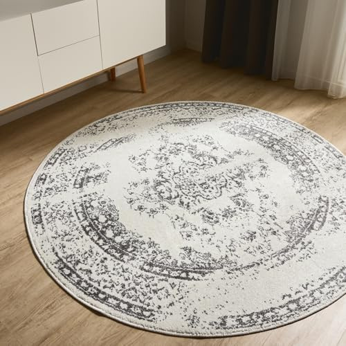 benuta Basic Teppich Sia - Creme/Grau 120 cm rund - Kunstfaser - rund & im Style: Vintage, Boho-Style, Retro - Pflegeleicht für Wohnzimmer Schlafzimmer