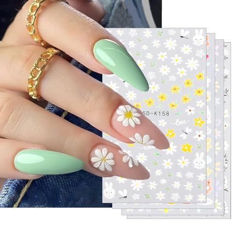 4 Sheets 5D Embossed Spring Flower Nail Art Stickers – Self-Adhesive Floral Decals for DIY Manicure, Summer Colorful Nail Decorations for Women & Girls, Nail Salon & Home Use
