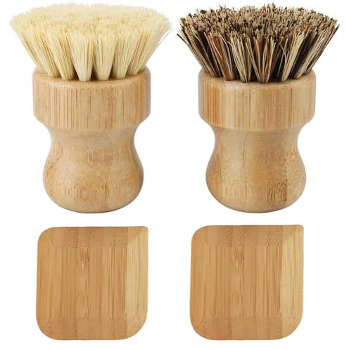 Bamboo Dish Scrub Brush with Bamboo Pan Scraper,Sisal Coconut Palm Round Brush,Effectively Use for Kitchen Pots, Bowls, Plates, Cutting Boards and Vegetables Cleaning Without Scratching