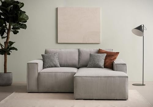 DOMO. collection Ecksofa Calnu, Cordstoff & Taschenfederkern, Platin (Grau) | Longchair rechts klein mit Cordstoff, platzsparendes Modulsofa in L-Form, 198 x 172 x 85 cm (BxTxH)