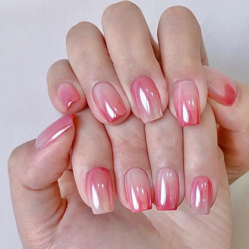 Press On Nails Gradient Pink, Glossy False Nails Kit Short Square, Stick On Nails For Daily Wear, Elegant Manicure Set For Women And Girls