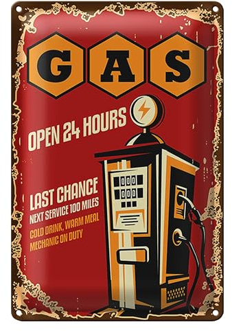 Vintage Gas Station Schild | Open 24 Hours | Nostalgie Retro-Stil | 30 cm x 40 cm