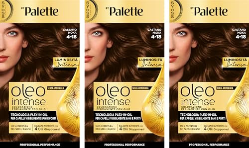 Syoss by Palette Oleo Intense, colorazione permanente, copertura professionale capelli bianchi, 4-18 Castano Moka, confezione da 3