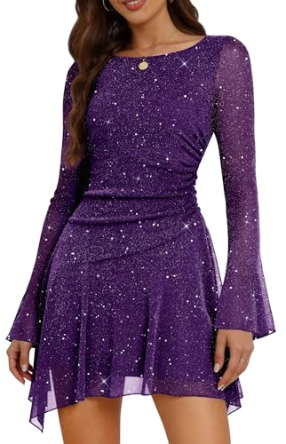 Aupuls - Robes de bal à manches longues avec paillettes pour adolescentes - Asymétriques - Pour sortir, cocktail, fête - Robe pour femmes, violet, Taille L