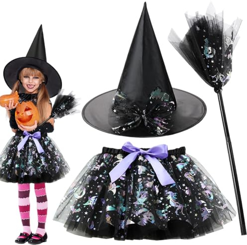 FCXVXCL Halloweens Hexenkostüm, Hexe Kleider mit Tutu Hexenhut Besen Magierin Hexenkostüm Witcher Kostüm Outfit Set für Kinder von 2-6 Jahren Halloween Karneval Cosplay Party