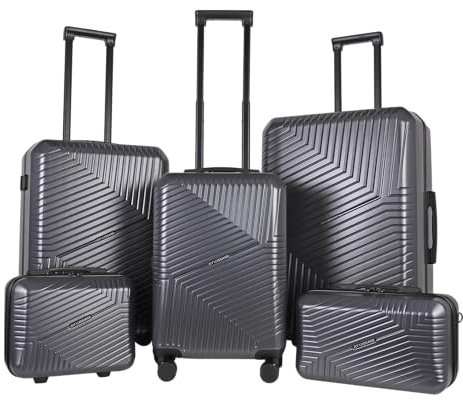 JLY Swirf 5-Piece Spinner Suitcase Set Charcoal Grey – Matching Hard Shell Makeup Case, Shoulder Bag, Cabin and Checked Luggage with Cup Holder & TSA Locks