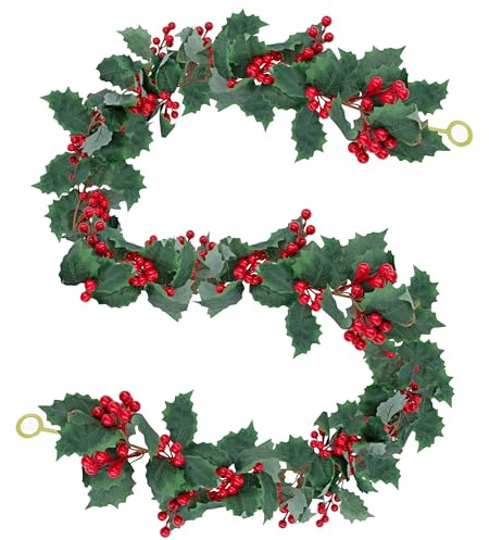 Ghirlanda di Bacche Artificiali, 172cm Ghirlanda di Bacca Rossa con Foglie di Agrifoglio, Verde Appeso Pianta per Albero di Natale, Inverno, Decorazioni Tavola Scale Camino, Verde/Rosso