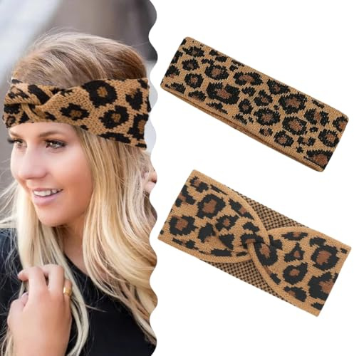 KEWUF Stirnbänder Damen Winter, 2 Stück Leopardenmuster Haarreifen, Damen Strick Stirnband, Winter Kopfband Haarband, Elastische Ohrenwärmer für Herbst und Winter