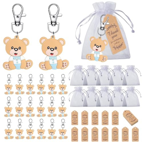 PYEUIFT Schlüsselanhänger Bär, 20 Stück Blau, Organzasäckchen, Dankeschön-Karten, Gastgeschenke Taufe, Glücksbringer, Für Babyparty Junge Geschlechtsenthüllung