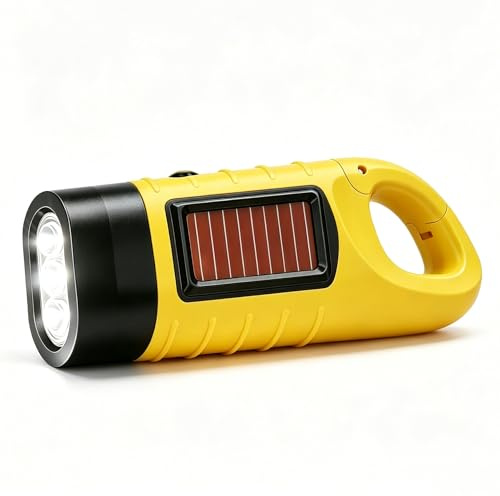 RUOGUWUYE Wind Up Torch & Solar Flashlight, Hand Crank Rechargeable Super Bright LED, Portable Emergency Light with Carabiner for Camping, Hiking, Outdoor Survival Gear (1pcs Yellow)
