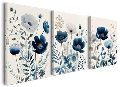 Blumen Wandbild Set 30×40 cm 3er Set Blaues Aquarell Botanical Leinwandbild Gerahmte Natur Deko für Wohnzimmer Schlafzimmer Küche Büro mit Haken Nägeln und magischer Klettbefestigung sofort aufhängbar