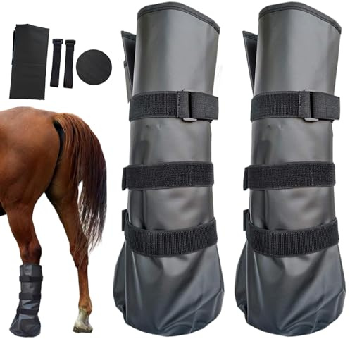 Uanqfegy 2 Stück Pferdestiefel, Wiederverwendbare PVC-Hufschuhe mit verstellbarem Riemen, Pferde-Eisstiefel zum Einweichen von Wunden und Infektionen, 50, 8 x 20, 3 cm, schwarz