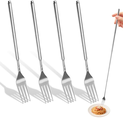 4 Pcs Forchetta Allungabile, Forchetta Telescopico in Acciaio Inox, Forchette Allungabili con Manico Regolabile 23–64,5 cm, Compatte per BBQ, Cucina, Frutta, Dessert