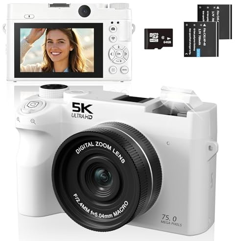 Digital Camera 5K 75MP for Photography, Vlogging Camera with Wi-Fi, Compact Camera with 3 Screen for Travel Youtube Beginners, 18x Digital Zoom, Autofocus, Includes 64GB Memory Card
