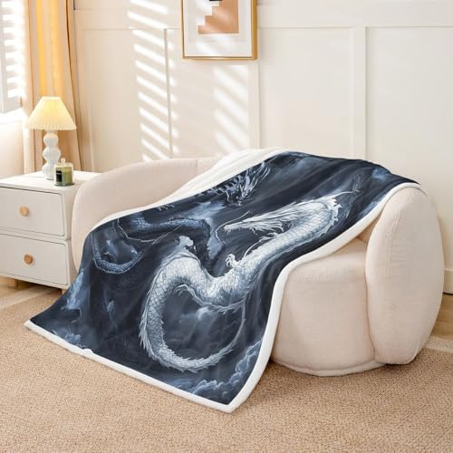 Homewish Dragon Design Jungen Couchdecke Schwarz Weiß Drachen Muster Kuscheldecke 229x229cm Cool Modischer Stil Wolken Hintergrund Fleecedecken Männer Jugendliche Kinder Erwachsene Dekorative Blanket