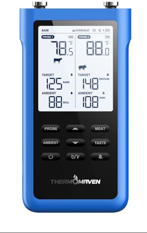 ThermoMaven 3000FT Smart Wireless Fleischthermometer, Sub-1G Langstrecke, 6 Sensoren (NIST genau), 2 dünne Sonden, Basisstation mit LCD, für Grill, BBQ, Ofen, Räucherofen (Ozeanblau)