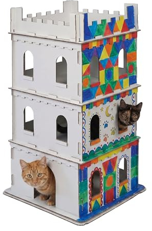 Relaxdays Katzenburg, 3 Etagen, Katzenschloss, Papphaus zum Bemalen, Stecksystem, HBT: 107,5x62x62 cm, Pappe, weiß