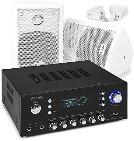 Skytec 4 White Passive Stereo Bookshelf Speakers with Fenton AV120FM-BT Bluetooth Amplifier & Cable - Home Audio System Bundle for HiFi, Karaoke, Background Music (75W)