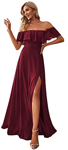 Ever-Pretty Plus Vestido de Fiesta Talla Grande Gasa Corte Imperio Hombros Descubiertos Tajo Profundo para Mujer Borgoña 48