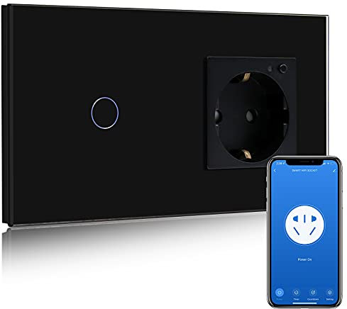 BSEED Smart Alexa Lichtschalter,WIFI Lichtschalter mit Steckdose Kompatibel mit Alexa,Google Home,Glas Touchscreen-schalter,Smart Lichtschalter 1 Fach 1 Weg Schwarz(Neutrale Leitung benötigt)