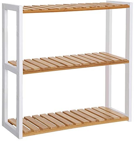 SONGMICS Badregal, Badezimmerregal, Bambus-Regal, Pflanzenregal mit 3 verstellbaren Ablagen, Wandmontage, freistehend, für Wohnzimmer, Flur, Küche, 60 x 15 x 54 cm, Natur und Weiß BCB13WN