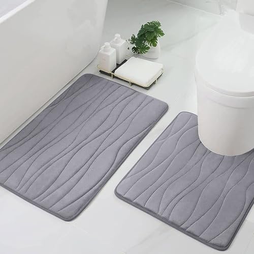 Homaxy Badematten Set 2 teilig Memory Foam Badezimmerteppich WC Vorleger mit Ausschnitt Set Saugfähige rutschfeste Badteppich Set Waschbar Badvorleger Set 2teilig, Grau