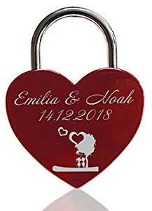 ELUNO Liebesschloss Herzschloss Schloss mit Gravur und Schlüssel I Valentinstags Geschenk für Sie Ihn Hochzeit I incl. Samtbeutel I Motiv Herz 0002 in Rot
