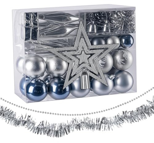 Sweelov Christmas Tree Decoration Set, 73 Pieces Christmas Baubles, Matte & Glitter Shatterproof Plastic Christmas Ball Ornament, Tree Topper, Garland and Stars, Silver/Grey/Blue, Diameter 6/4 cm