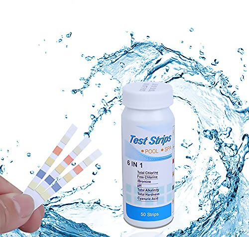 Tiardey Bandelettes de Test de Piscine 6 en 1 pour Les Tests Chimiques de l'eau,50 bandelettes pour Piscine/Spa/Bain à remous,dureté Totale précise,Chlore Libre,Chlore Total,alcalinité et pH