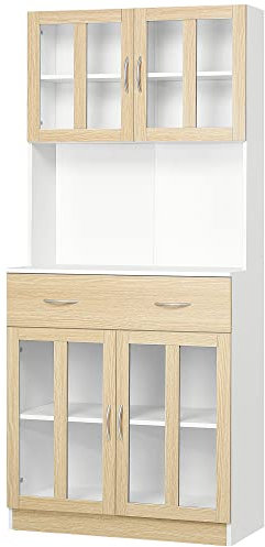 HOMCOM Buffet Haut de Cuisine Armoire de Cuisine Multi-Rangement 4 Portes vitrine Verre avec étagère tiroir Coulissant Grand Plateau en Bois Blanc Aspect chêne Clair