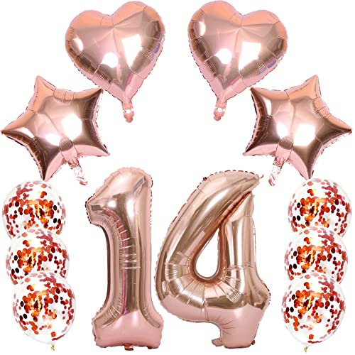 Feelairy Luftballons Zahl 14 Rosegold Folienballon Nummer 14, Helium Ballons Herz Sterne Roségold, Ballons Konfetti Rosegold, Zahlenballon 14 für Geburtstag Mädchen Party Deko