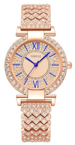 NIBOSI Women's Watch Analog Quartz Rose Gold Dial Watch for Ladies Fashion Waterproof Silver Girl Wrist Watch Diamond Jewelry Bracelet