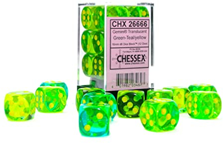 Gemini® 16mm d6 Translucent Green-Teal/yellow Dice Block™ (12 dice)