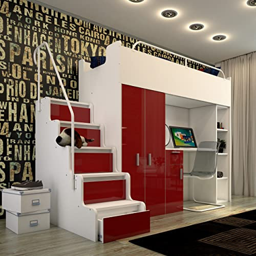 Marlux-Meble Hochbett JSM-4 80x190 mit Kleiderschrank Schreibtisch und Treppe Hochglanz Kinderbetten Funktionsbett Etagenbett Stockbett Kinderhochbett Jugendhochbett (Rot Glanz)