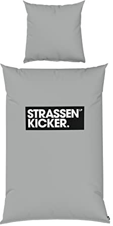 STRASSENKICKER Bettwäsche-Set, Kopfkissenbezug ca. 80x80 cm, Bettbezug ca. 135x200 cm mit leichtläufigem Reißverschluss, 100% Baumwolle, Made in Green, Renforcé, Flag Label, Grau/Schwarz