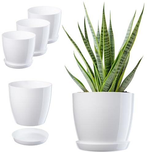 KADAX Blumentopf, Pflanzkübel-Set mit Untersetzer, Blumenkübel aus Kunststoff, runder Pflanztopf für Innenbereich, Übertopf für Blumen und Zimmerpflanzen, Kräutertopf (Set of 3 – 16cm, weiß)