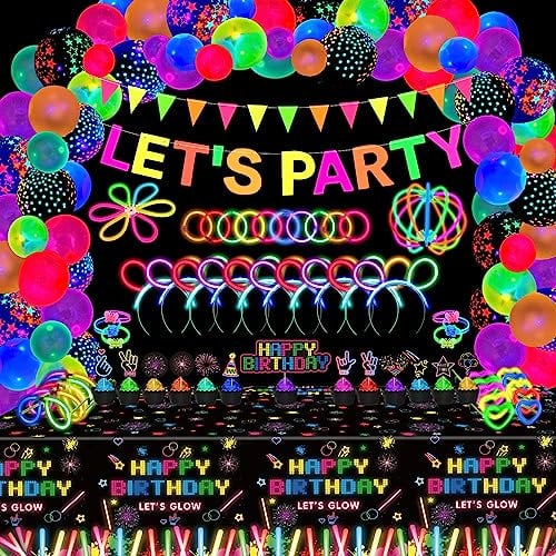 255 Packung Leuchtendes Neon Party-Zubehör Glow Sticks Party Dekorationen Schwarzlicht-Reaktives Deko-Set - Fluoreszierende Banner, Leuchtende Luftballons, Tischdecken, Tortenaufleger, Leuchtstäbe