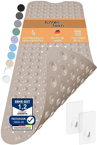 LICHTENHEIM Duschmatte rutschfest Sensitiv 100x40 cm - INKL 2 Haken - Badewannenmatte rutschfest - Antirutschmatte Badewanne BPA frei - Badematte schimmelresistent & waschbar (Sand)