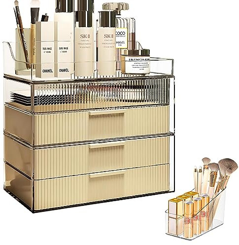 DASITON 4 Layers Makeup Organiser Storage for Vanity, Large Make Up Desktop Storage Box with Drawer, Dustproof Bathroom Organiser for Perfume, Jewelry, Skincare and Cosmetic Products (Cream)