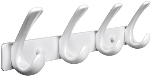 BOOKARROW White 4 Coat Hook Wall Mounted - Heavy Duty Solid Wall Coat Rack - Screws Fixed Wall Hanger Hooks for Hat Towel Bag Robes Purses 610A-4