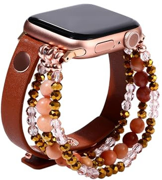 JewelryWe Damen Ersatzarmband Kompatibel Mit Apple Watch 42mm/44mm/45mm/49mm Vintage Elastisch Perlenarmband Lederarmband für iWatch Series 8/7/SE/6/5/4/3/2/1 Braun