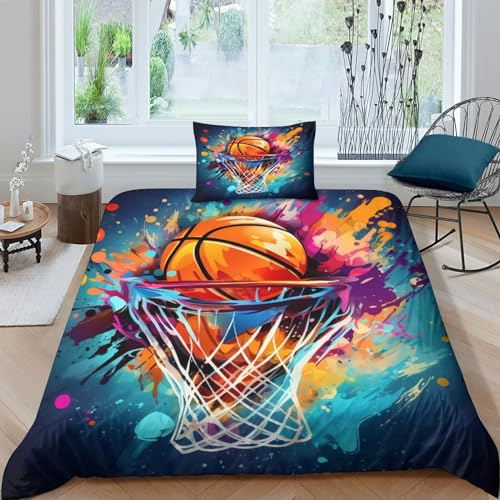 ESSAHI Bettwäsche-Sets,2-teilig BasketballBettbezug Kissenbezüge 3D Mit Reißverschluss Weicher Mikrofaser Bettbezug Single(135x200cm)