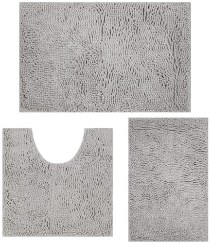 MEGAROOM Non Slip Chenille Bath Mat Sets 3 Piece - Soft and Anti Mould Bath Mats for Safety and Comfort - Water Absorbent and Quick Drying - Bathroom Carpet Set with U-Shaped Toilet Mat(Light Gray)