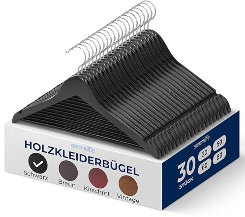 SereneLife Holz Kleiderbügel Schwarz, Bügel für Ihre Garderobe, Kleiderbügel & Aufhänger für Erwachsene, Einkerbungen im Schulterbereich, 360° drehbarer Haken, rutschfest & Robust, Aufhänger 30 Stück