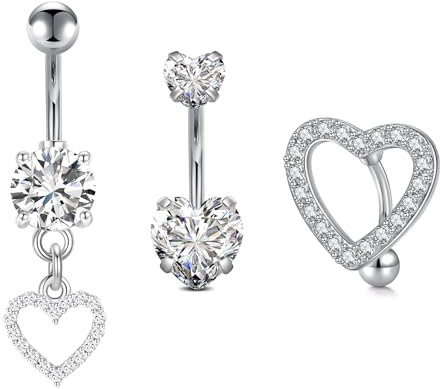 FECTAS 3pcs Bauchnabelpiercing 10mm Chirurgenstahl Bauchpiercing Piercing Bauchnabel Schmuck Herz Silber
