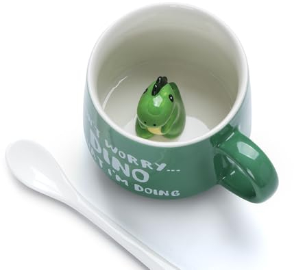 TELANKS Taza de dinosaurio 3D regalos para mujeres con cuchara y cepillo de tazas, tazas de café de 350 ml, regalo divertido para novias y esposas, regalo de cumpleaños