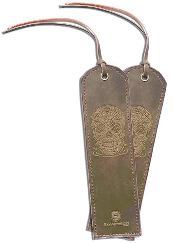 Leder Lesezeichen Leather Bookmarks Mit Zuckerschädel Design Handgefertigtes Mit Traditionellem Quasten Lesezeichen. Echtleder Gotisch Geschenke Für Frauen, Männer - 2er Pack