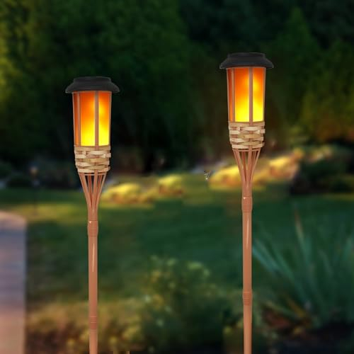 EONANT Flamme Clignotante Lumière Solaire Extérieur Étanche Jardin Lampe de Poche Torche Balançante Flamme Extérieur Île Torche, Placage en Bambou Fait à la Main (2 Pièces)